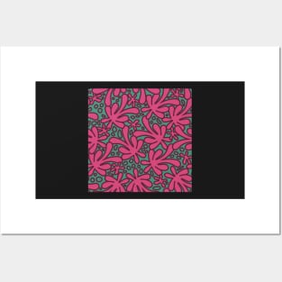 Modern abstract Matisse inspired design in beautiful dusky pink and burgundy on a green background Posters and Art